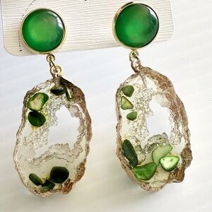 Geode-Style Drop Earrings Green Gold Tone Resin